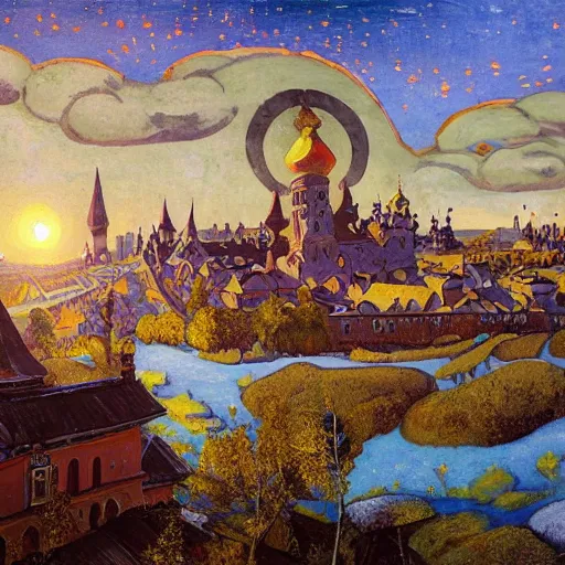 Prompt: photo beautiful magical ancient Slavic Russian city of Kitezh, fisheye lens, painting by Viktor Vasnetsov, concept art, magical city, fantasy cityscape, ancient Slavs, wooden buildings, ancient Russian architecture, terem, hyperborea, painting by Nicholas Roerich, top cinematic lighting , cinematic mood, very detailed, 8k, high resolution, trending on artstation, artstationHD,