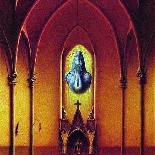 Image similar to a holy snail stands in a cathedral painting by beksinski, barlowe colors. masterpiece painting