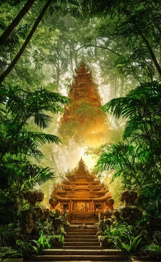 Image similar to a huge magical temple in the middle of a jungle, epic lighting, epic composition ,marble shrine