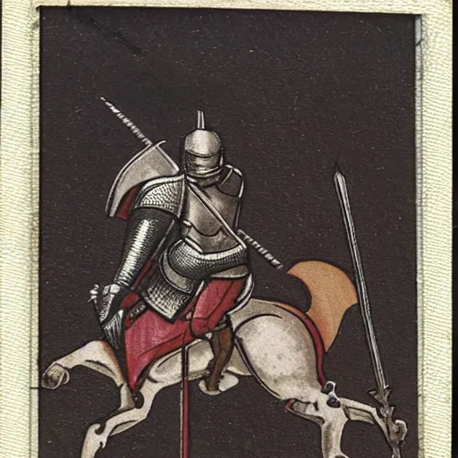 Image similar to polaroid of medieval knight in battle with a dragon