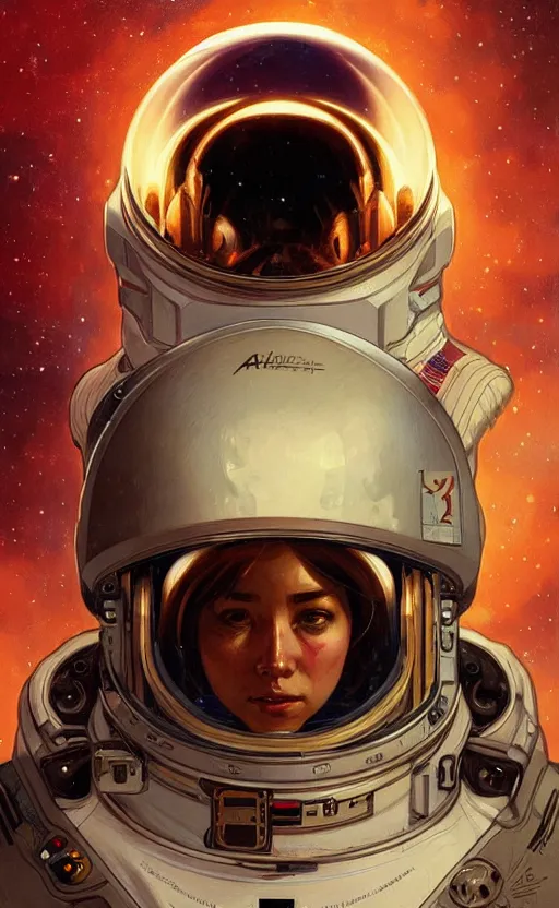 Image similar to portrait of an astronaut with a broken helmet, intricate, headshot, highly detailed, digital painting, artstation, concept art, sharp focus, cinematic lighting, illustration, art by artgerm and greg rutkowski, alphonse mucha, cgsociety