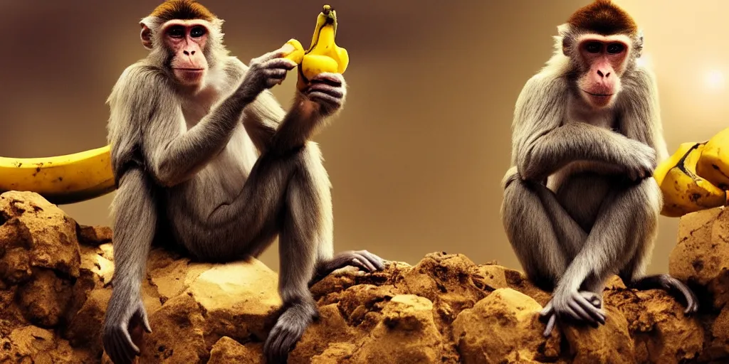 Prompt: a monkey on planet mars eating banana, artstation top, high definition, deviant art, extremely beautiful