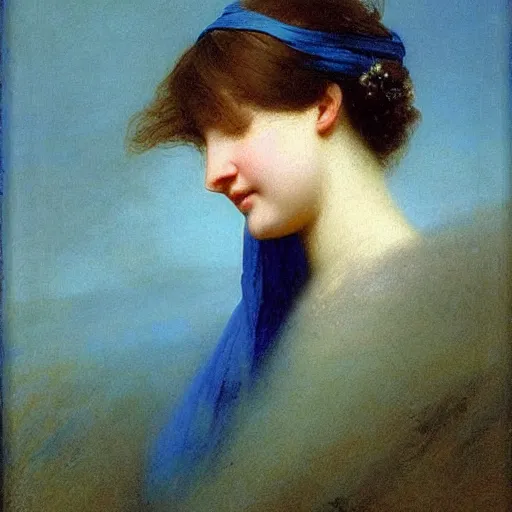 Image similar to a woman’s face, her eyes are covered with a flowing blue satin blindfold, by ivan aivazovsky and alma tadema and and willen claesz heda and aelbert cuyp