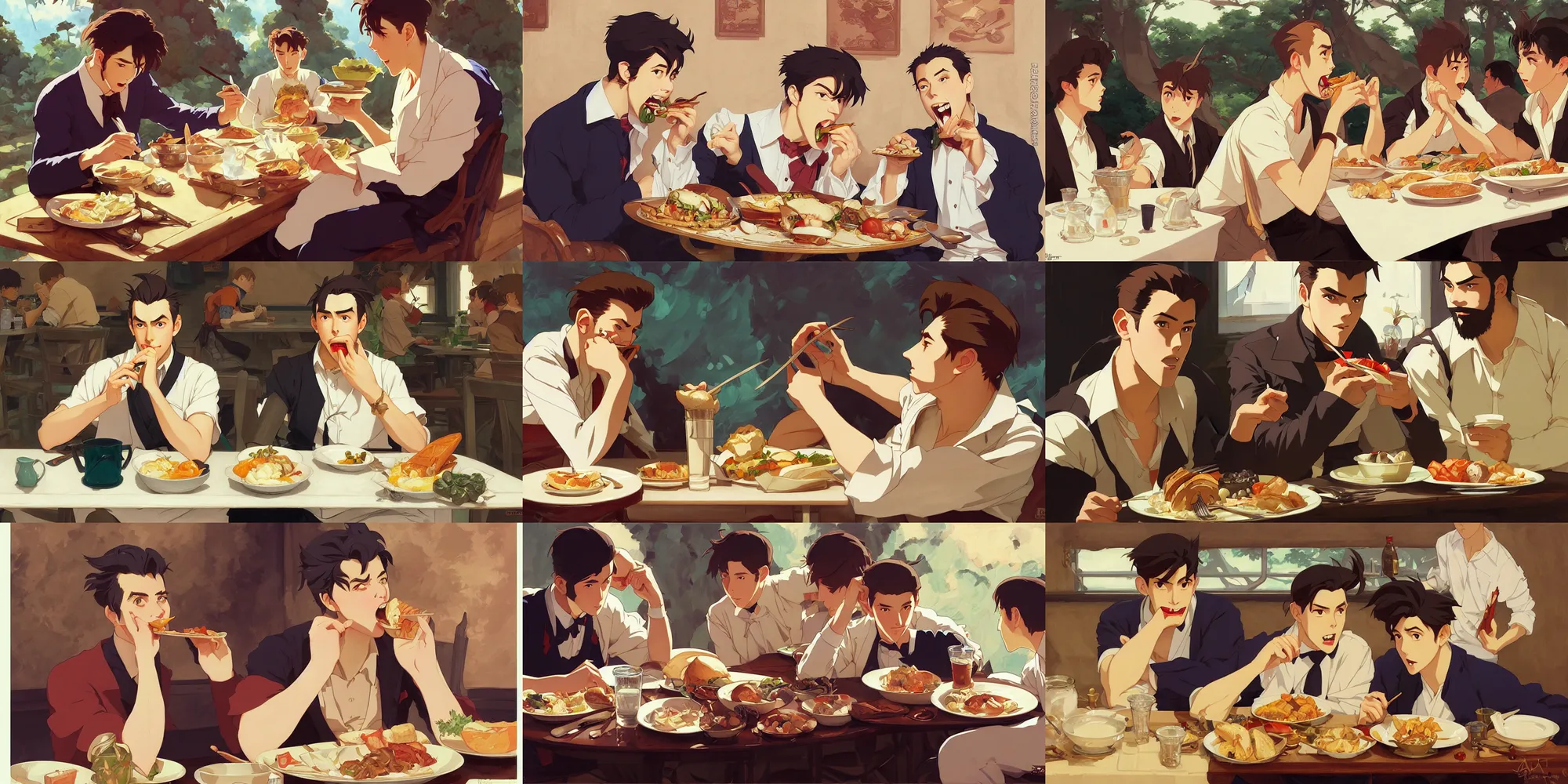 Prompt: attractive male eating lunch, in the style of studio ghibli, j. c. leyendecker, greg rutkowski, artem