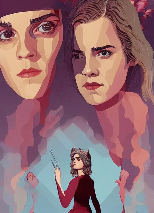 Prompt: poster artwork by Michael Whelan and Tomer Hanuka, Karol Bak Emma Watson and Kiernan Shipka in beauty pageant, from scene from Twin Peaks, clean