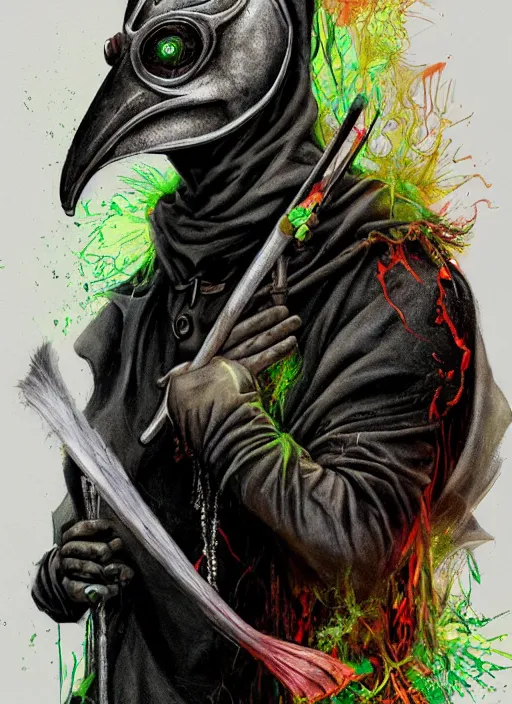 Prompt: a Demon Slayer portrait of a Plague Doctor, tall, pale-skinned, slender with lime green eyes, by Stanley Artgerm, Tom Bagshaw, Arthur Adams, Carne Griffiths, trending on Deviant Art, street art, face enhance, chillwave, maximalist, full of color, glittering