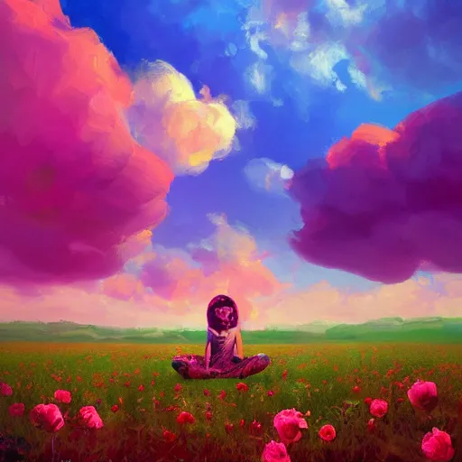 Image similar to giant rose flower as a head, full body girl sitting in a flower field, surreal photography, sunrise, dramatic light, impressionist painting, colorful clouds, digital painting, artstation, simon stalenhag