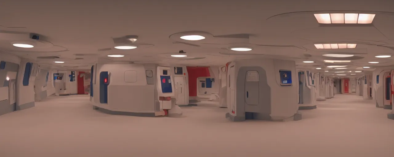 Prompt: Film still of a brightly lit medical bay from Star Trek Next Generation, red carpeted floor, neutral lighting, Cinestill colour cinematography, anamorphic