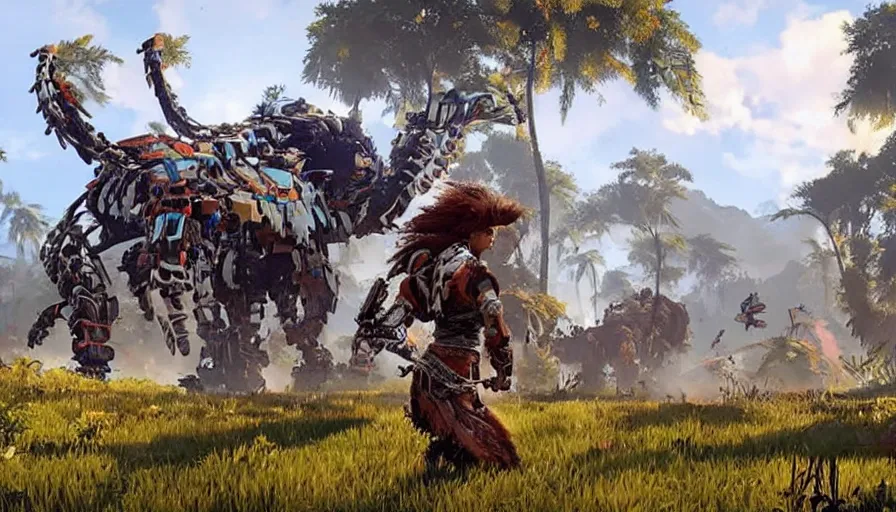 Prompt: a machine from horizon zero dawn invading kerala