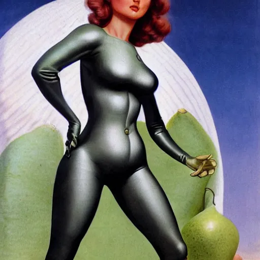 Image similar to beautiful Whitley Streiber Roswell grey alien extraterrestrial species female babe in a tight fitting silver metallic bikini spacesuit, , big pear-shaped head, green skinned, big black almond shaped alien eyes by Mort Kunstler and Gil Elvgren