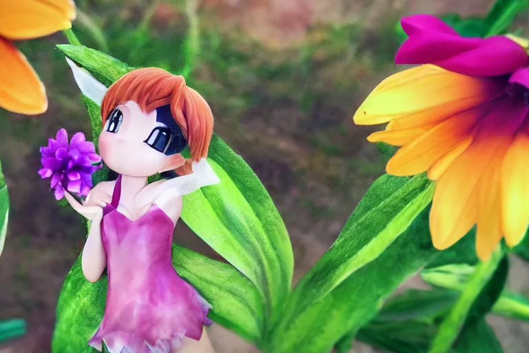 Image similar to (very small anime Tinker Bell) kissing a big flower, hyper realism, macro shot