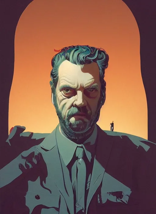 Prompt: poster artwork by Michael Whelan and Tomer Hanuka, Karol Bak of portrait of Stanley Kubrick film director, from scene from Twin Peaks, clean