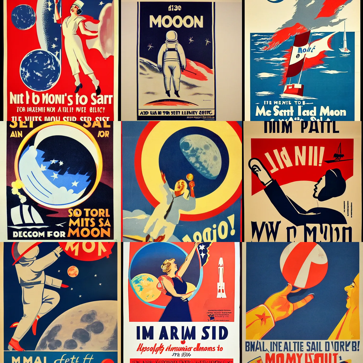 Prompt: 1930s propaganda poster calling people to set sail to the moon