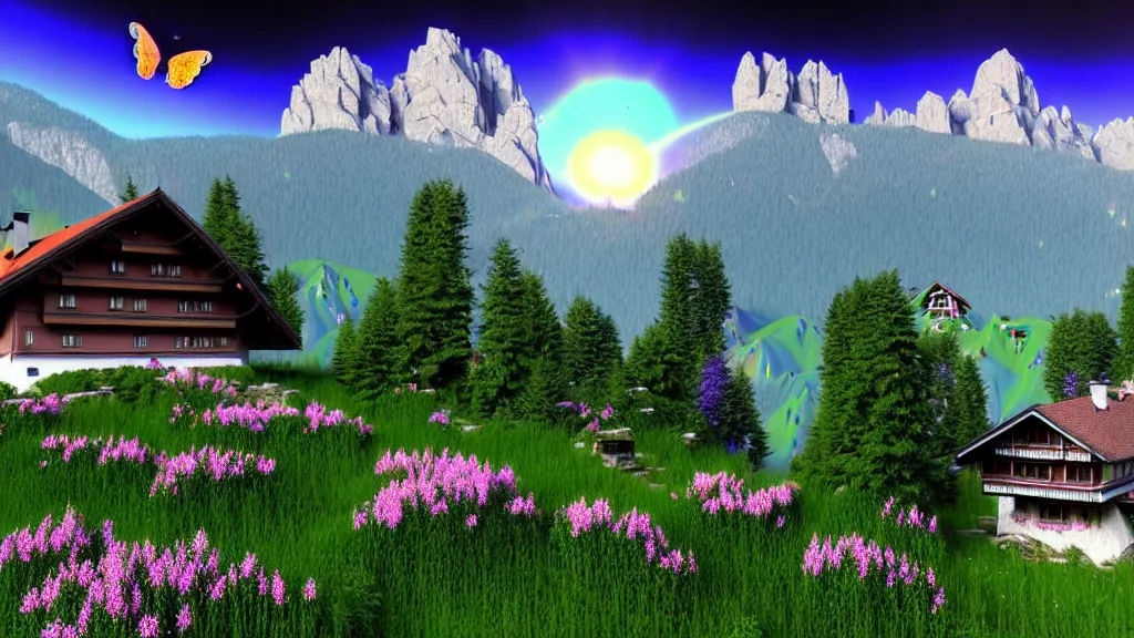 Prompt: 3 d render of matte painting of mountain cottage szene in beautiful mountain landscape in the bavarian alps against a cyber landscape, psychedelic surreal background with 3 d butterflies and 3 d flowers n the style of 1 9 9 0's cg graphics, lsd dream emulator psx, 3 d rendered y 2 k aesthetic by ichiro tanida, 3 do magazine, wide shot