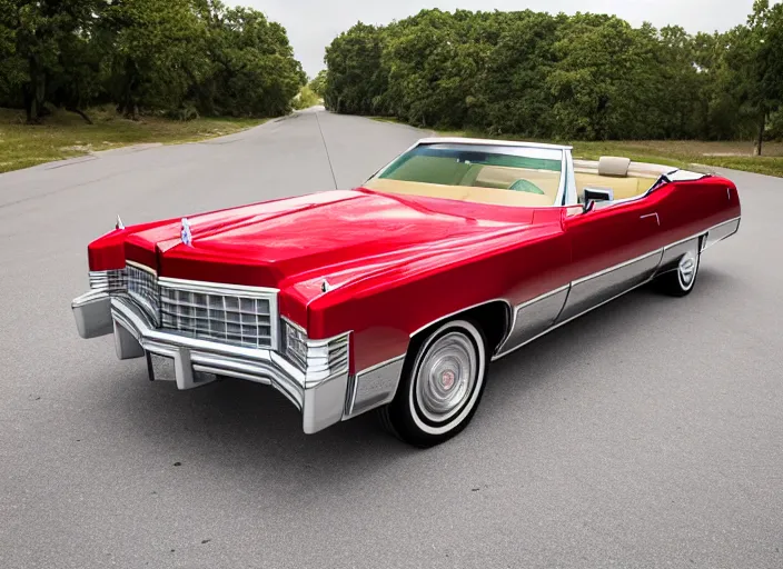 Prompt: epic front view of red 1975 cadillac eldorado convertible, sigma 10mm f4.5