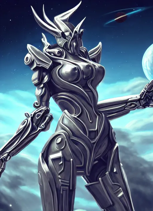 Image similar to goddess shot, galactic sized stunning beautiful anthropomorphic robot mecha female dragon, in space, larger than planets, posing elegantly, with earth in clawed hands, detailed silver armor, epic proportions, epic size, epic scale, ultra detailed digital art, furry art, macro art, dragon art, giantess art, warframe fanart, furaffinity, deviantart, realistic