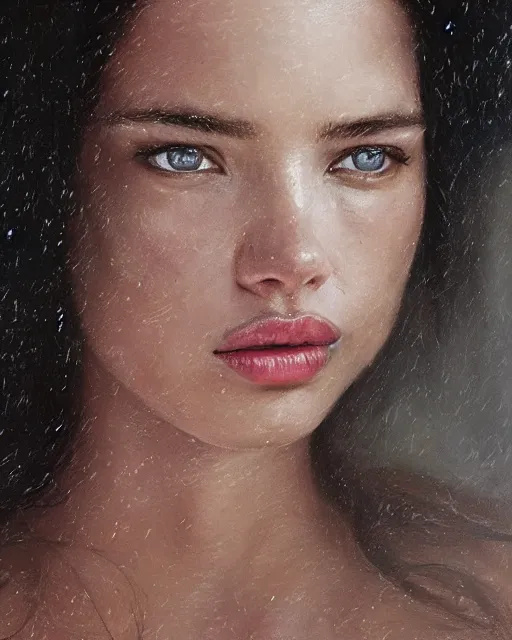 Image similar to cinematic portrait of adriana lima, intricate, elegant, by alyssa monks, highly detailed, symmetrical face, fine details, masterpiece, trending on artstation