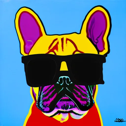 Prompt: An Andy Warhol style painting of a French bulldog wearing sunglasses, pop art