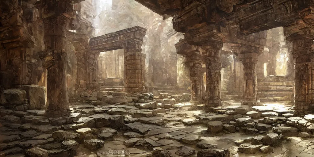 Prompt: ancient temple, pillars, tomb raidar, indiana jones, altar, traps, from inside a temple, temple run, painted by greg rutkowski