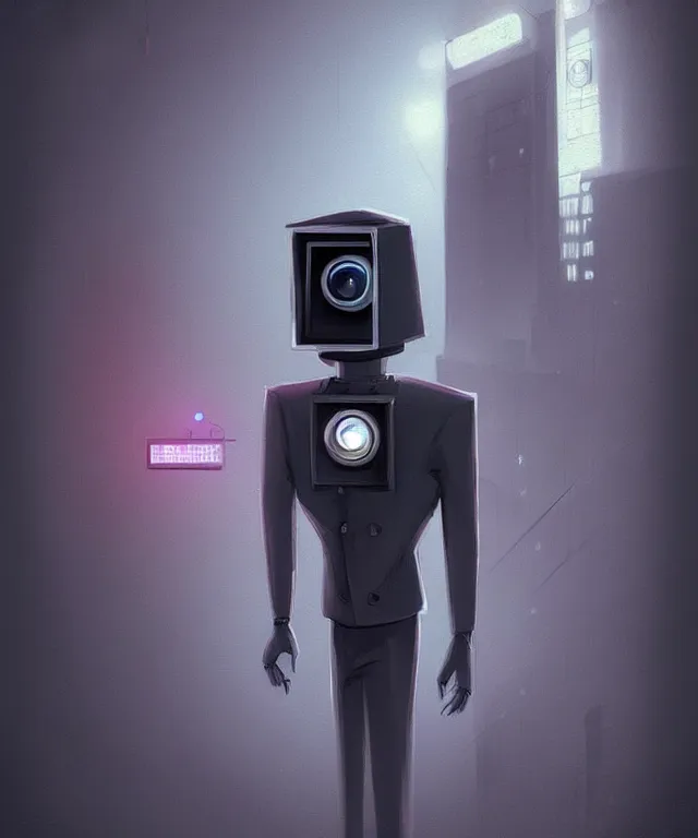 Image similar to a portrait of an anthropomorphic surveillance camera wearing a suit, cyberpunk!, fantasy, elegant, digital painting, artstation, concept art, matte, sharp focus, illustration, art by nick sullo