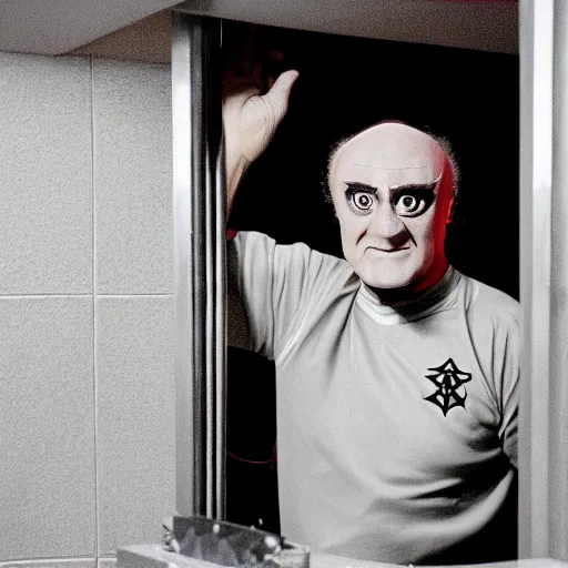 Image similar to portrait of Klingon Chancellor Gowron in full Klingon costume and makeup in a dirty gas station bathroom as he inspects a small round hole in the wall of the toilet stall