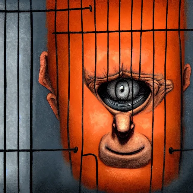 Image similar to prison cell behind bars of jail gediminas pranckevicius | close up portrait of a evil trump with orange hair behind jail bars in the sinister, one mouth, one nose, two eyes, oil painting by tomasz jedruszek, cinematic lighting, pen and ink, intricate line, hd, 4 k, million of likes, trending on artstation