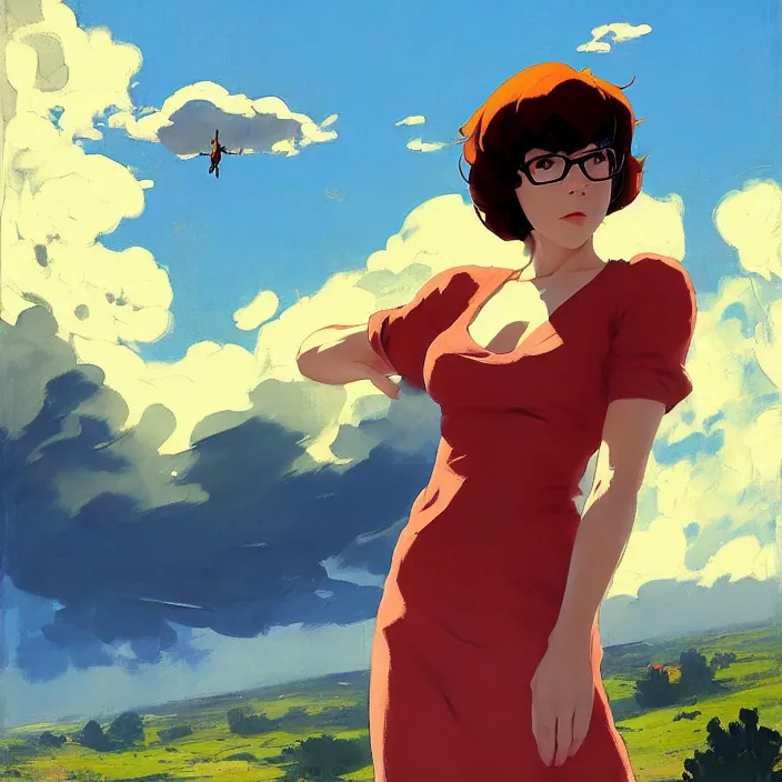 Image similar to Painting of Velma Dinkley in the style of Cowboy Bebop, countryside, calm, fantasy character portrait, dynamic pose, above view, sunny day, thunder clouds in the sky, artwork by Jeremy Lipkin and Giuseppe Dangelico Pino and Michael Garmash and Rob Rey and Greg Manchess and Huang Guangjian and Makoto Shinkai, very coherent asymmetrical artwork, sharp edges, perfect face, simple form, 100mm