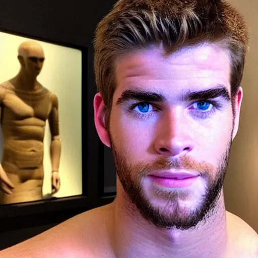 Image similar to “ a realistic detailed photo of a guy who is an attractive humanoid who is half robot and half humanoid, who is a male android, actor liam hemsworth, shiny skin, posing like a statue, blank stare, at the museum, on display ”