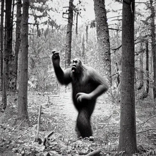 Image similar to vintage photography of a sasquatch in the woods