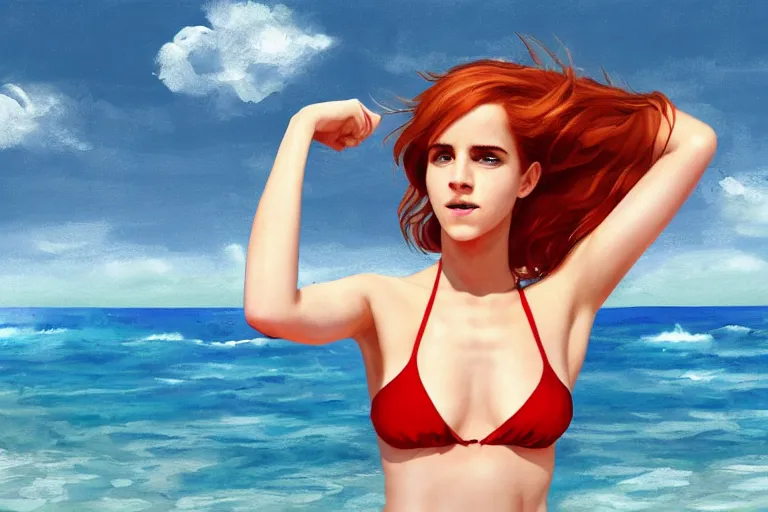 Image similar to highly detailed Red-haired beauty Emma Watson in a bikini, mid-shot ,pixiv , digital painting