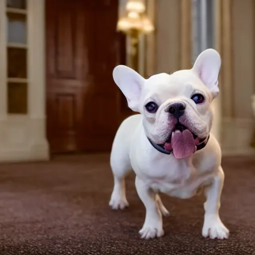 Prompt: A white french bulldog as the president of the united states, running for reelection for the year 2024, 8k hdr movie still, dynamic lighting, detailed