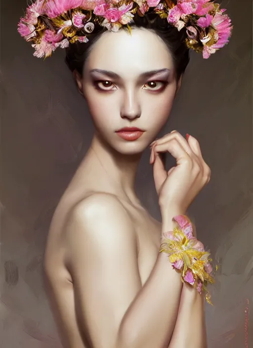 Prompt: expressive oil painting, of alluring european princess, seductive look, sharp focus, smooth glowing skin, glistening body, love, adoration, ornate headpiece made from flowers, glamour shot, tattoo, by yoshitaka amano, by greg rutkowski, by jeremyg lipkinng, by artgerm, digital art, octane render, white robe