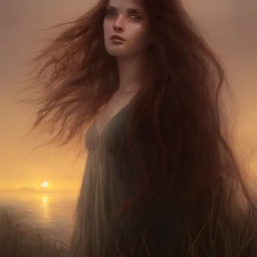 Image similar to beautiful young woman by the lake, sunset, hair waving in the wind, high detail, dramatic light, digital art, chiaroscuro, painted by seb mckinnon and greg rutkowski, trending on artstation