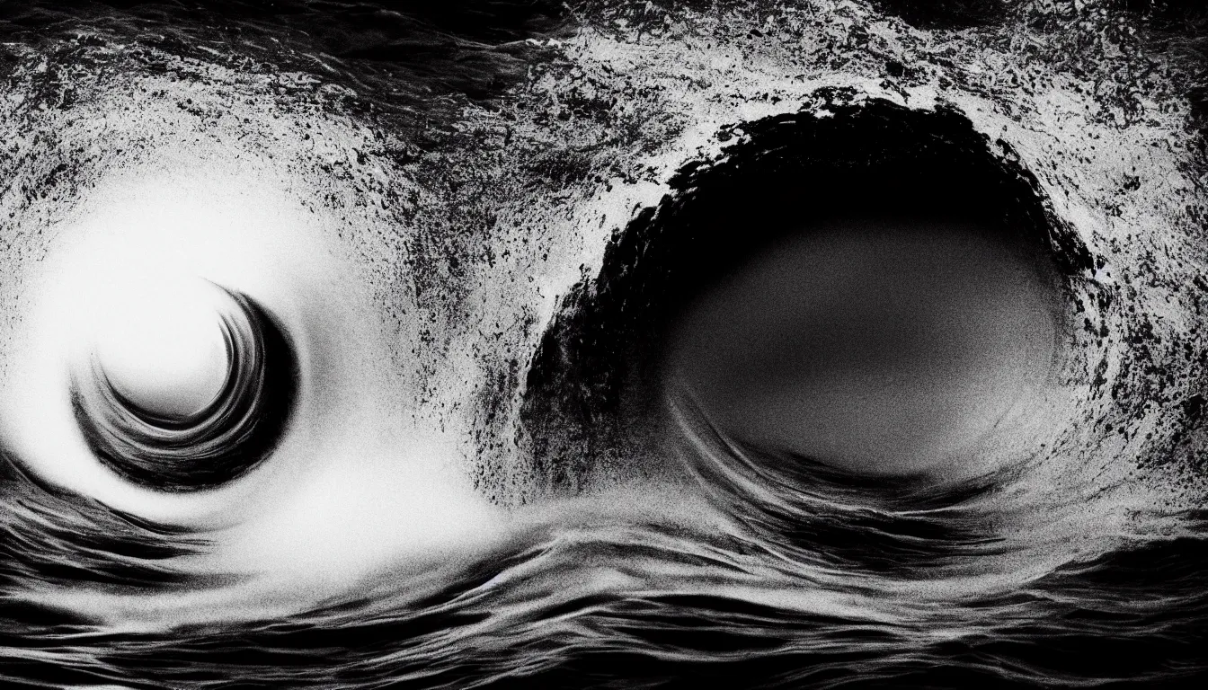 Image similar to void, whirlpool in the middle of the lake, waves, dark, atmospheric, scary, claustrophobic, ambient vibe, very detailed, black and white, 4 k