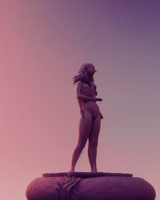 Prompt: a cgsociety render of a foreground woman standing in front of a background huge statue, a screenshot by stanley twardowicz, cgsociety, aestheticism, aesthetic, vaporwave, anime aesthetic