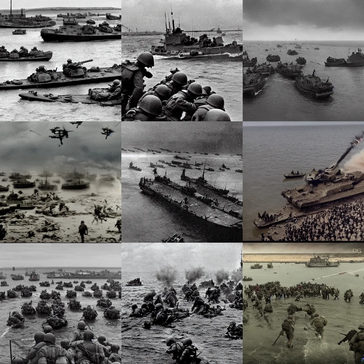 Prompt: modern camera footage of d - day invasion, violent, blood, realistic, high resolution