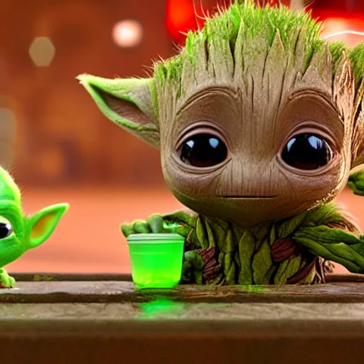Prompt: The cutest baby Groot and baby Yoda eating ice cream. In the ice cream scoop there is Pokemon Pikachu, very detailed, fun background, octane rendering, unreal engine, 4k