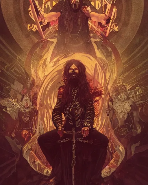 Prompt: '' Heavy metal rockstar invoking satan during a concert, high detail, 4k , digital painting, artstation, concept art, sharp focus, illustration, art by greg rutkowski and alphonse mucha ''