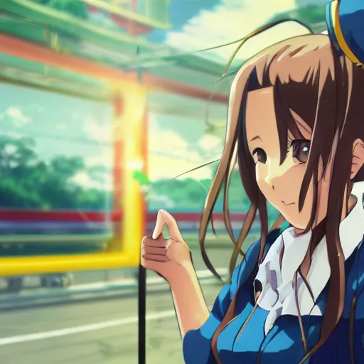 Image similar to closeup of an Anime girl taking the metrocable in Medellin, Artwork by Makoto Shinkai, official media, 8k, pixiv, high definition, wallpaper, hd, digital artwork