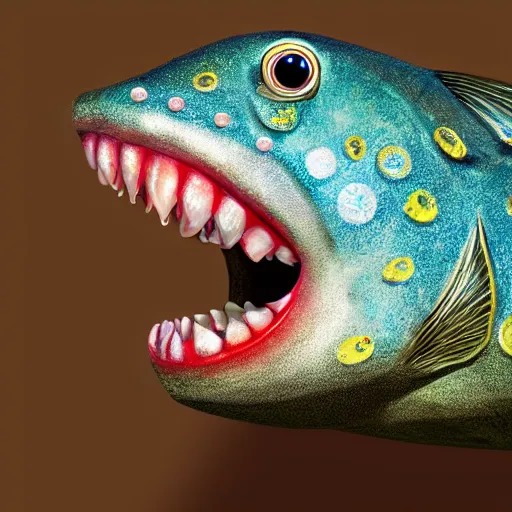 Prompt: A fish with jeweled teeth, the mouth is wide open, inside the mouth is a vegas casino