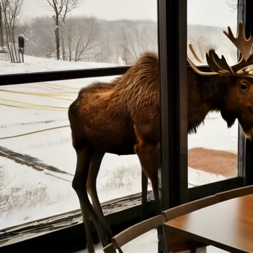 Image similar to a moose in a coffee shop in vermont, realistic, 8 k