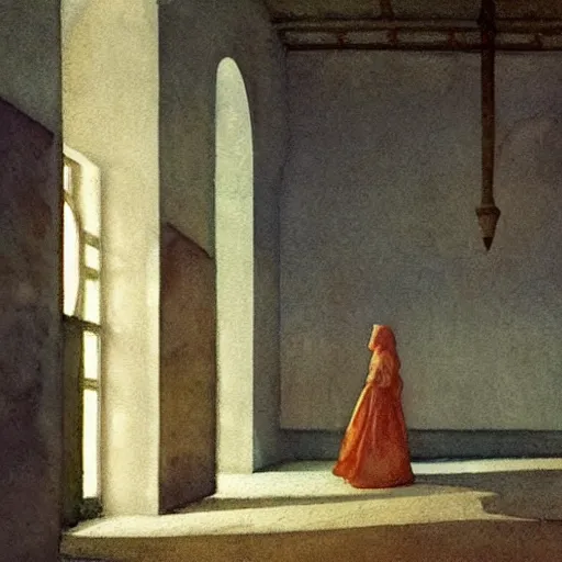 Prompt: a procession of woman in an abandoned soviet temple, watercolor by ivan biblin, by hammershøi, art noveau, highly detailed, lights by edward hopper, liminal, eerie, bright pastel colors