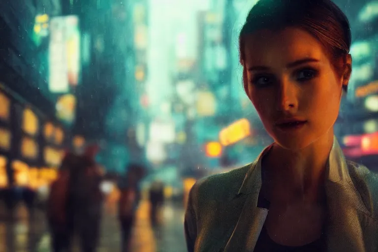 Prompt: VFX movie portrait closeup beautiful blade runner giant hologram woman natural skin, natural night street lighting in the city alley by Emmanuel Lubezki