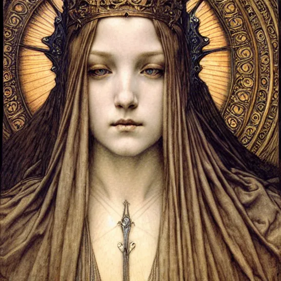 Image similar to detailed realistic beautiful young medieval queen face portrait by jean delville, gustave dore and marco mazzoni, art nouveau, symbolist, visionary, gothic, pre - raphaelite. horizontal symmetry