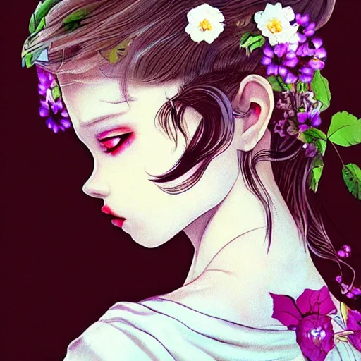 Image similar to tattooed little girl with flowers in hair wearing an white dress. art by ilya kuvshinov, profile picture, inspired in hirohiko araki, highly detailed, 8 0 s anime art style, realistic, vogue cover