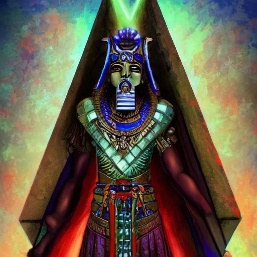 Image similar to osiris the god standing before a pyramid, d & d style, trending on artstation, colorful, intricate, art by kev chan