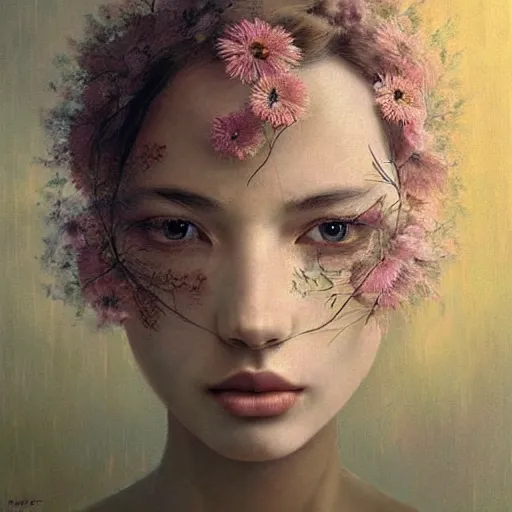 Image similar to The painting is a beautiful and haunting work of art of a series of images that capture the delicate beauty of a flower in the process of dying. The colors are muted and the overall effect is one of great sadness. clockpunk by Karol Bak, by Goro Fujita Trending on artstation