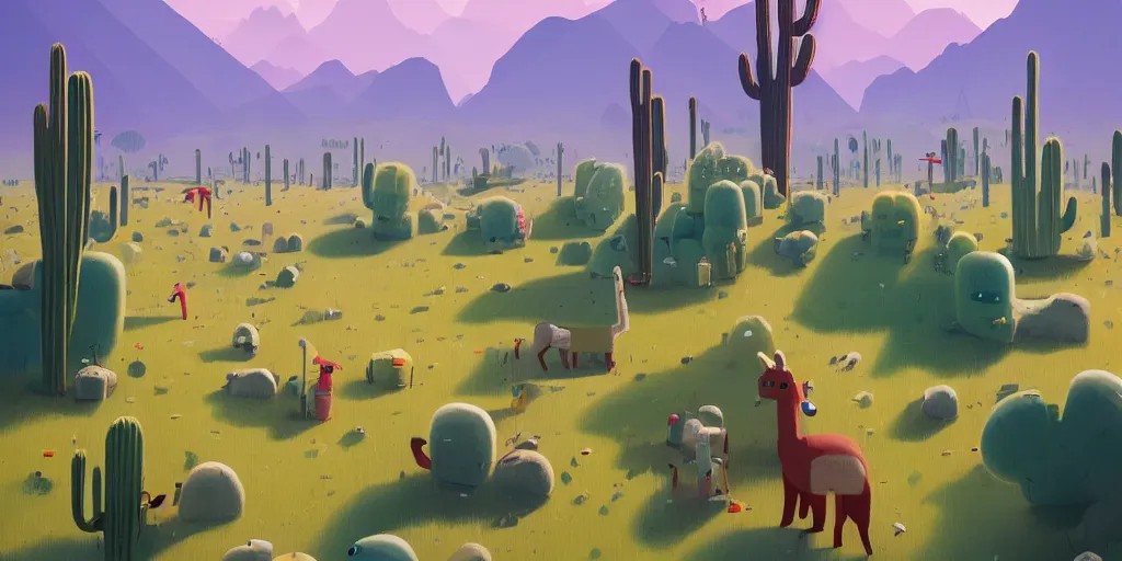 Prompt: Llamas and cacti by Goro Fujita and Simon Stalenhag , 8k, trending on artstation, hyper detailed, cinematic