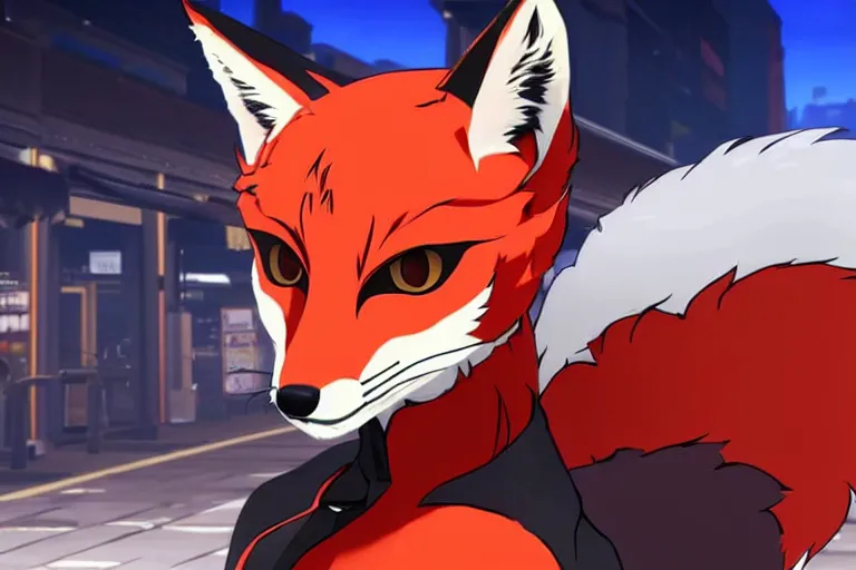 Image similar to a furry tan male fox on a persona 5 : royal ( by atlus ) video game splash screen, a furry male sandcolored tan fox fursona ( has hair ), persona 5 phantom thief style