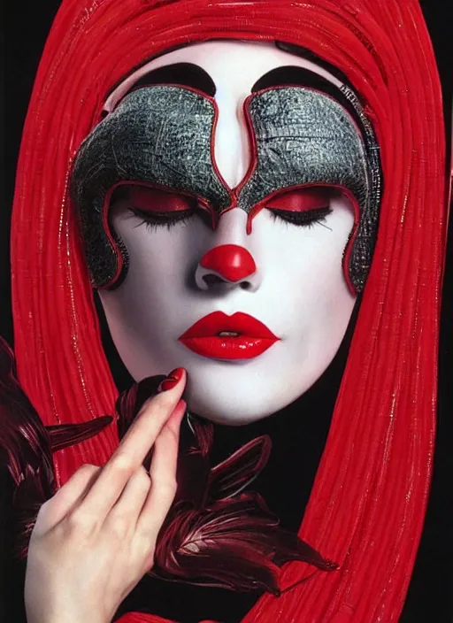 Prompt: an 8 0 s portrait of a woman with dark eye - shadow and red lips with dark slicked back hair, a mask made of wire and beads, dreaming by serge lutens, rolf armstrong, delphin enjolras, peter elson, red cloth background, surreal flat color